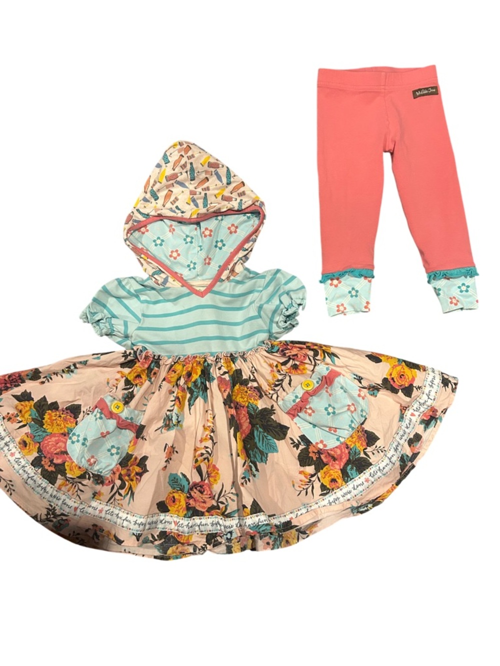 Matilda Jane Coral Leggings & Floral Hooded Dress Set in Aqua and Coral